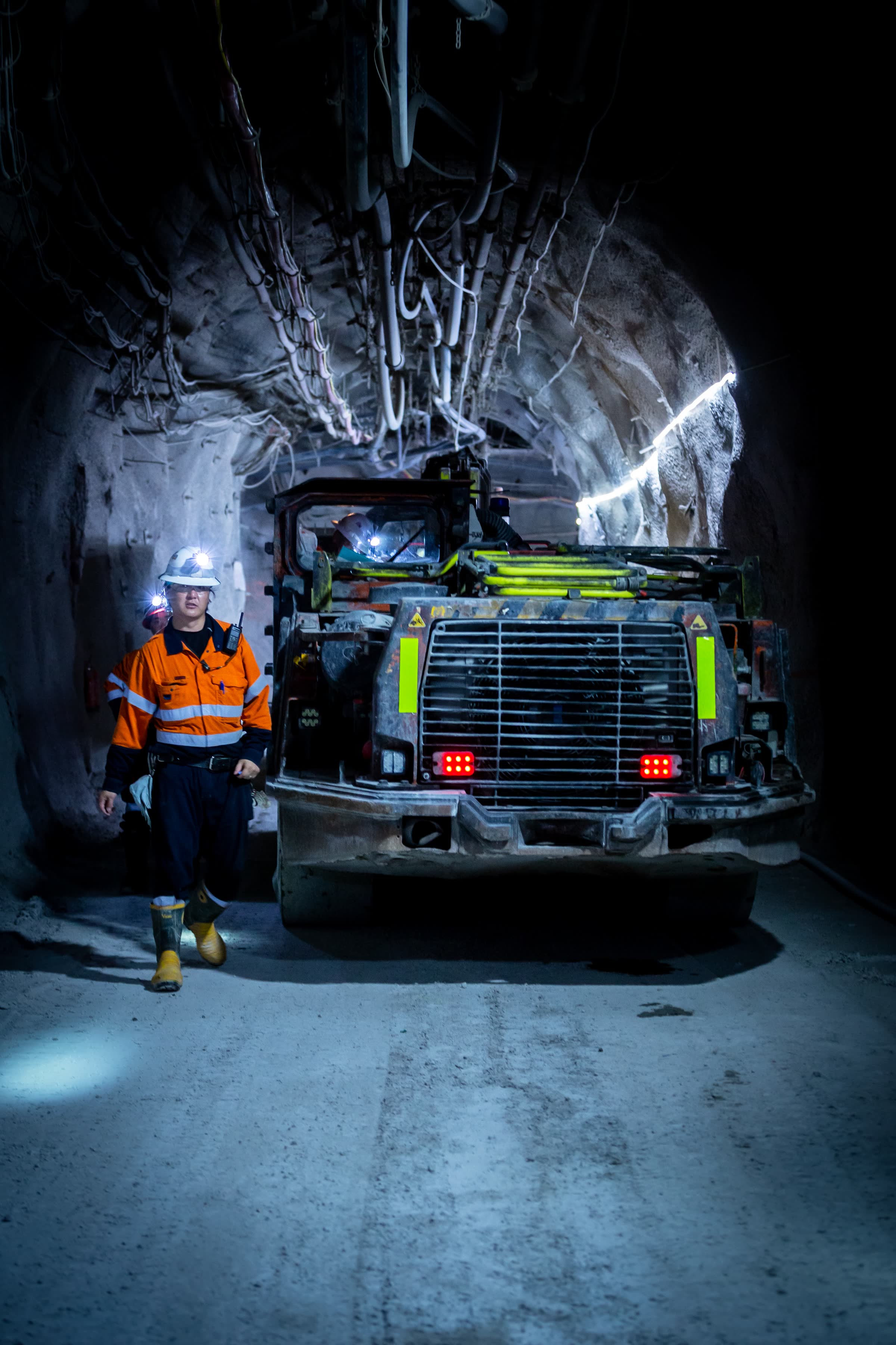 Underground mining vehicle operating where terrain traction affects safety and productivity